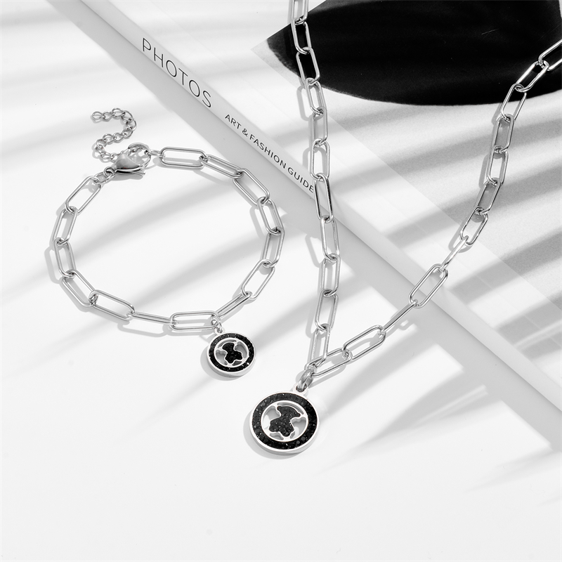 Steel Color Suit Titanium Steel Diamond Bear Necklace Bracelet Set