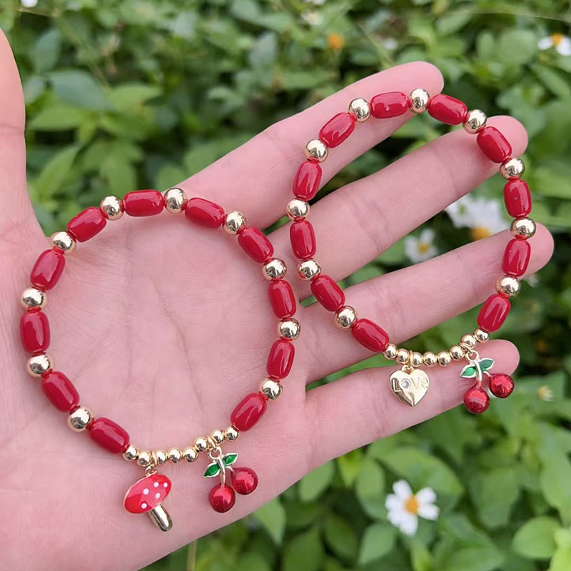 Pulsera De Seta De Cereza Con Cuentas De Diamantes Y Oro Bañado En Cobre