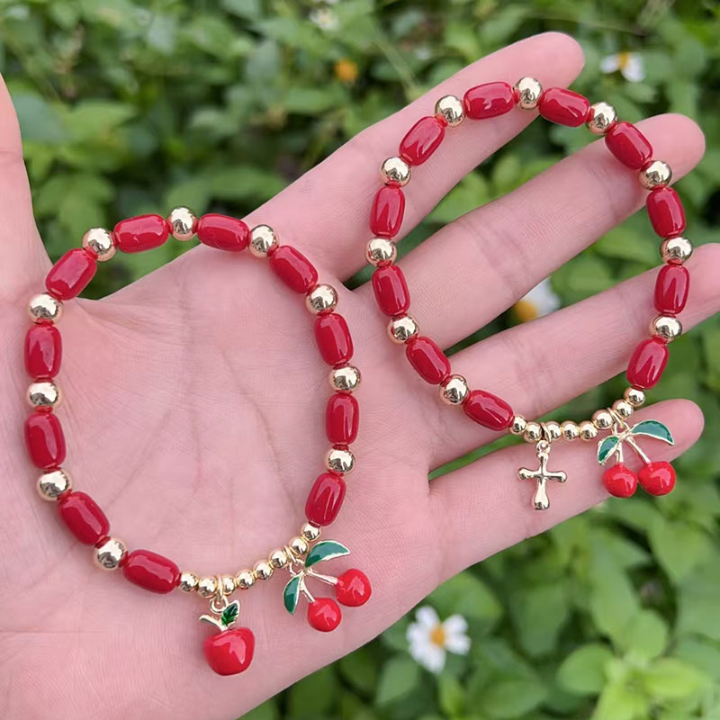 Pulsera De Cerezas Con Cuentas De Diamantes Y Baño De Cobre Y Oro