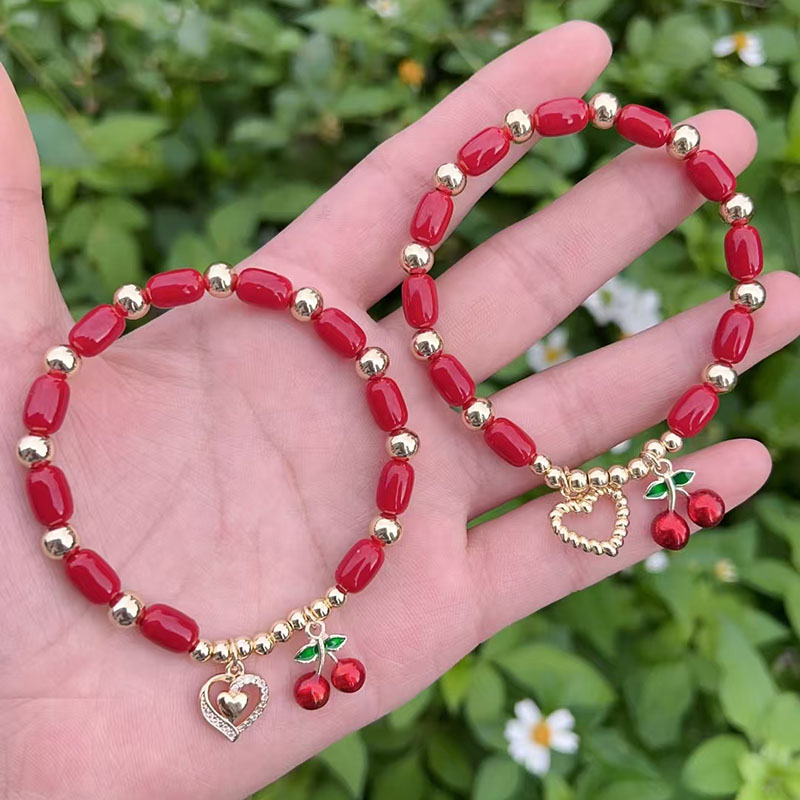 Pulsera De Corazón De Cereza Con Cuentas De Diamantes Y Baño De Cobre Y Oro