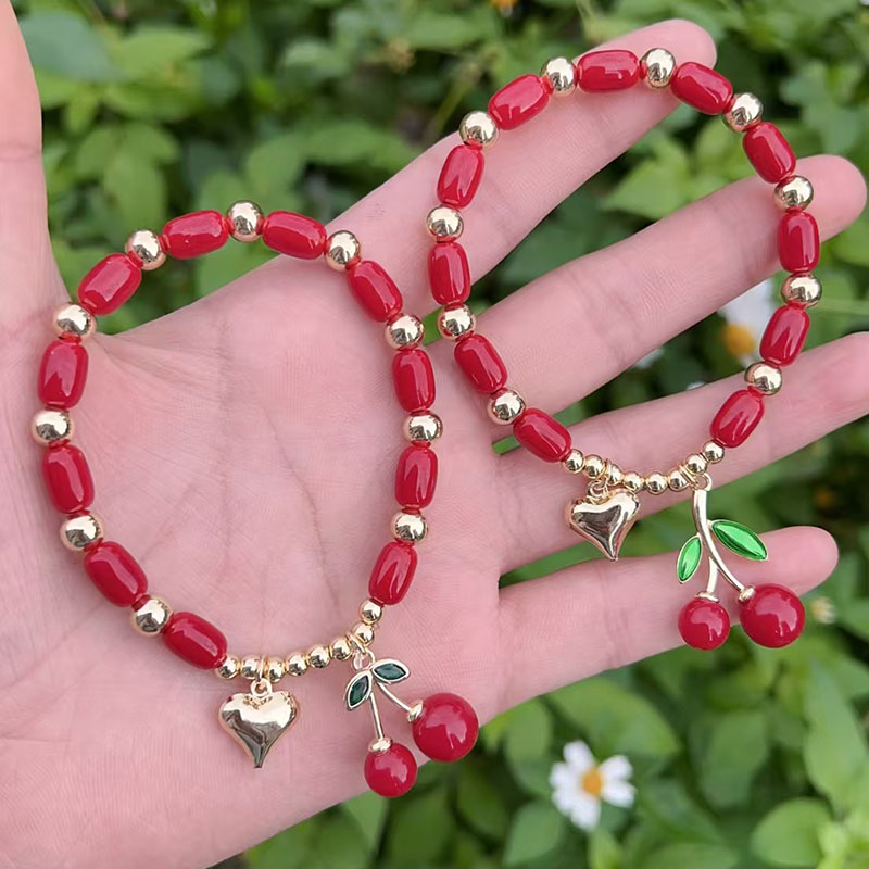 Pulsera De Corazón De Cereza Con Cuentas De Diamantes Y Baño De Cobre Y Oro