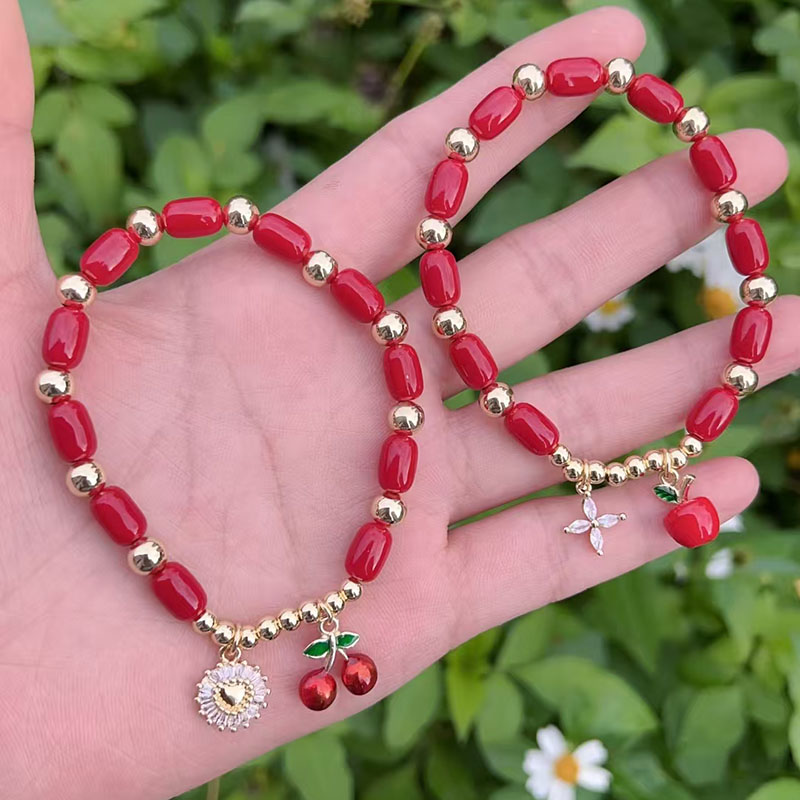 Pulsera De Corazón De Cereza Con Cuentas De Diamantes Y Baño De Cobre Y Oro
