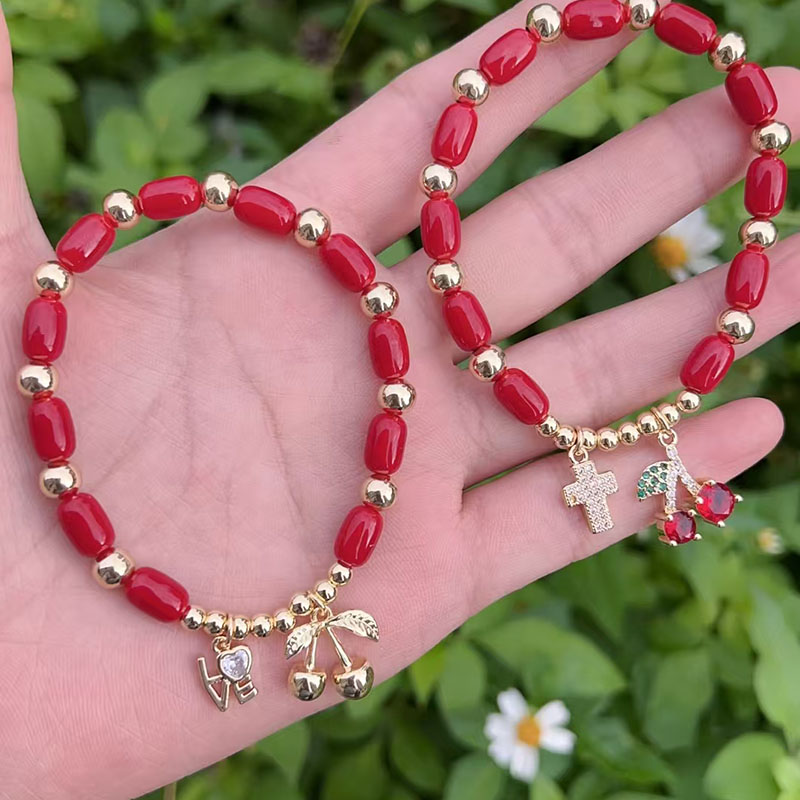 Pulsera Con Letras De Corazón De Cereza Y Cuentas De Diamantes Bañadas En Oro Y Cobre