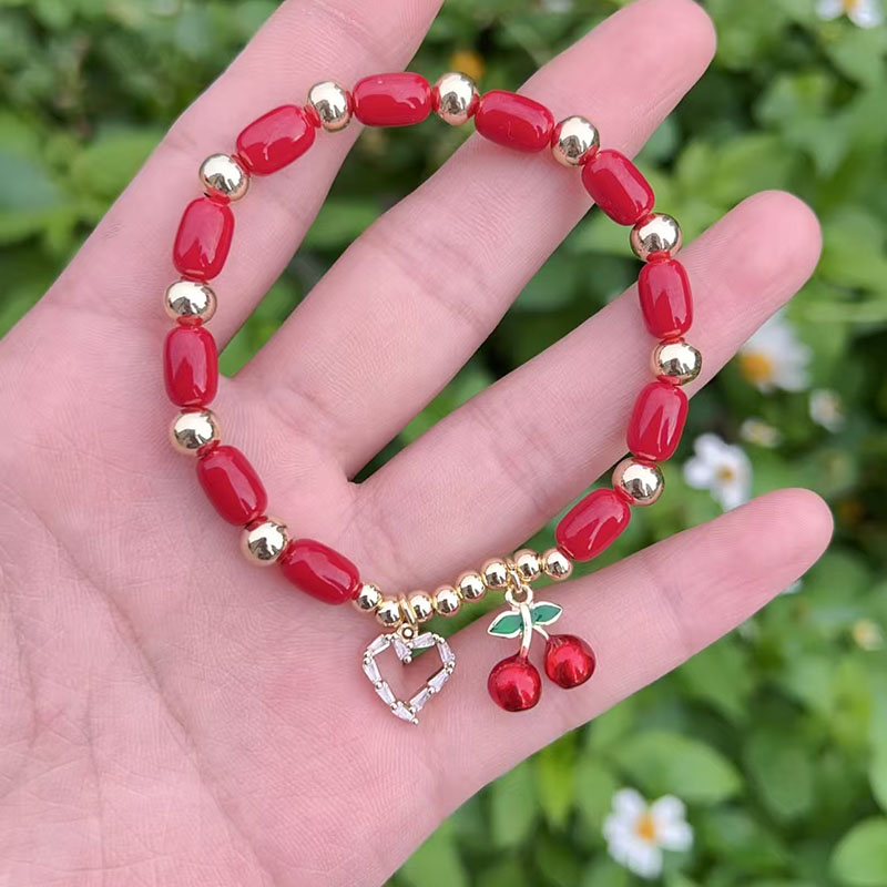 Pulsera De Corazón De Cereza Con Cuentas De Diamantes Y Baño De Cobre Y Oro