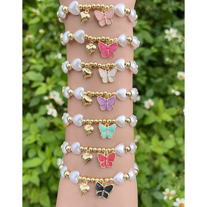 Gold 1 Copper Gold Plated Pearl Heart Beaded Butterfly Bracelet