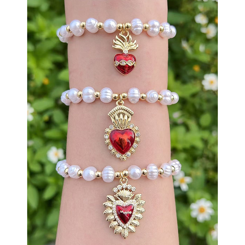 Pulsera De Corazón Con Cuentas De Perla Bañadas En Oro Y Cobre