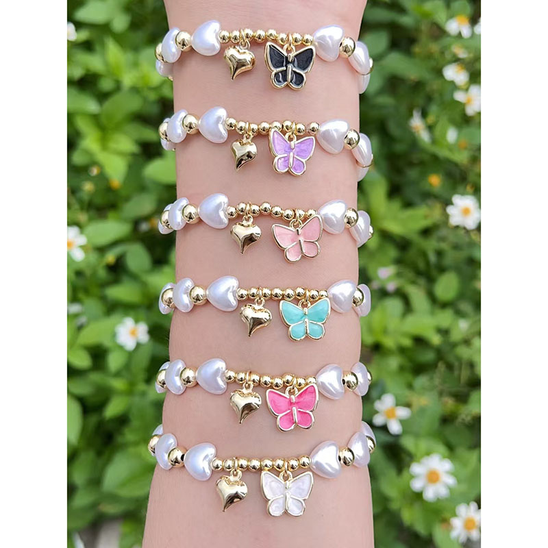 Pulsera De Mariposa Con Cuentas De Corazón De Perla Bañada En Oro Y Cobre