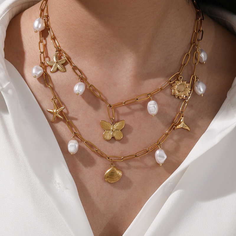 Gold 2 Titanium Steel Shell Starfish Pearl Necklace