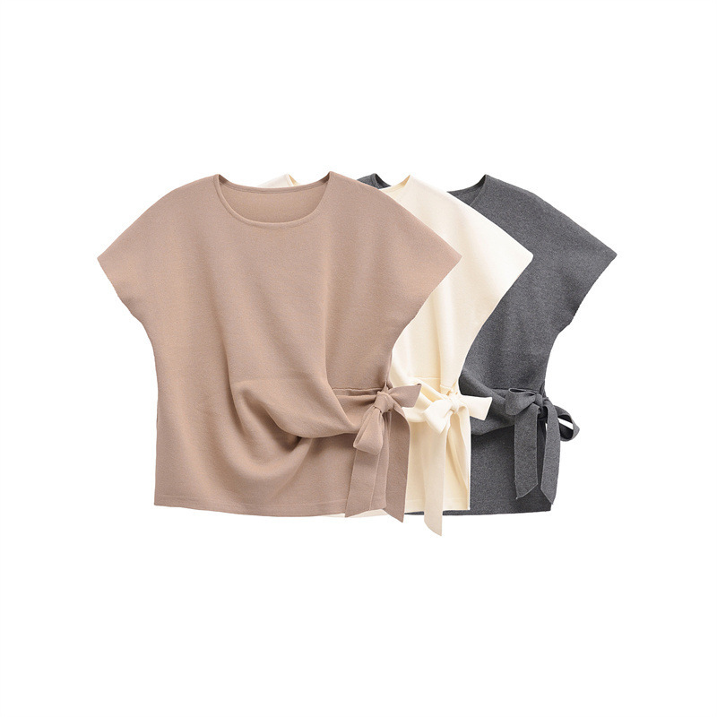 Khaki Round Neck Knotted Cropped Top