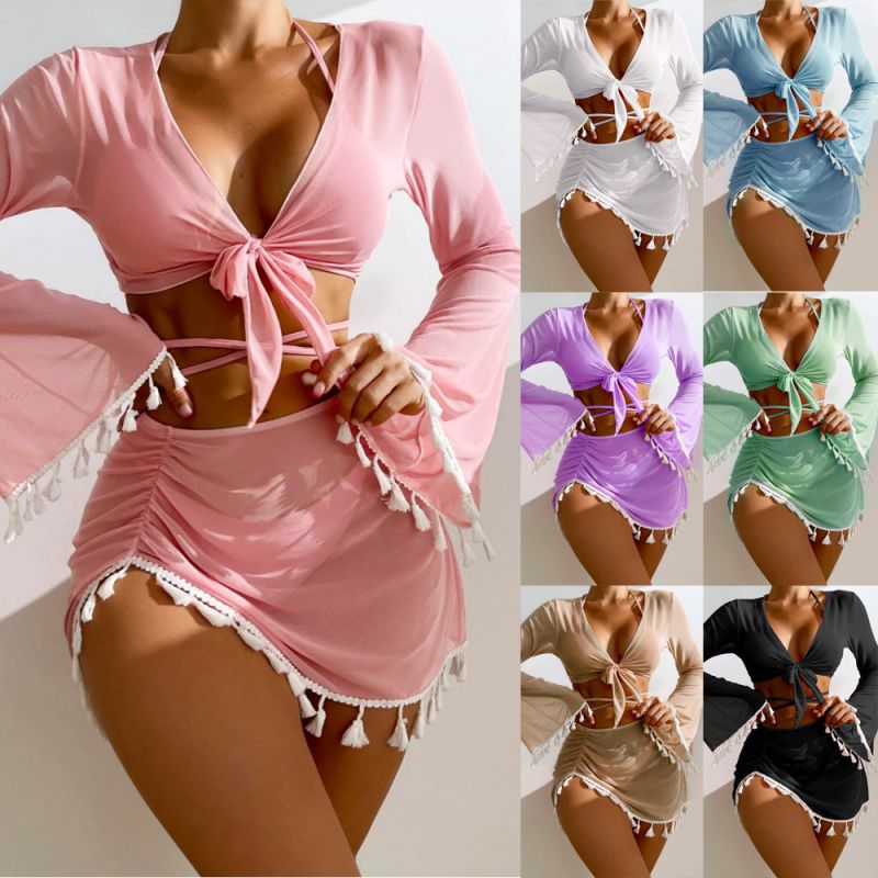 Pink Polyester Halter Neck Two-piece Swimsuit Bikini Tassel Cover-up Skirt Set