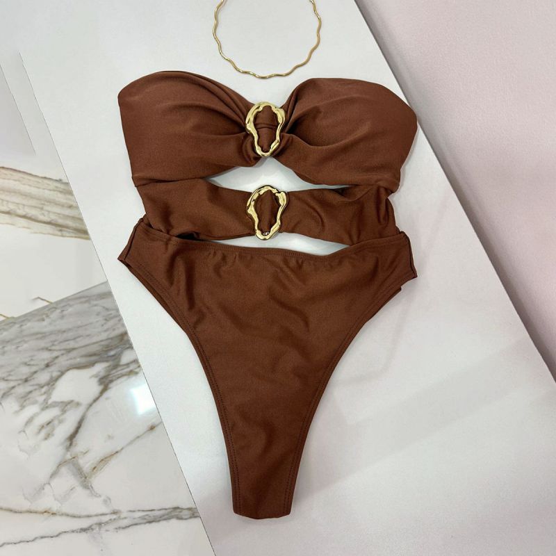 Brown Nylon Bandeau Hollow Pleated One-piece Swimsuit