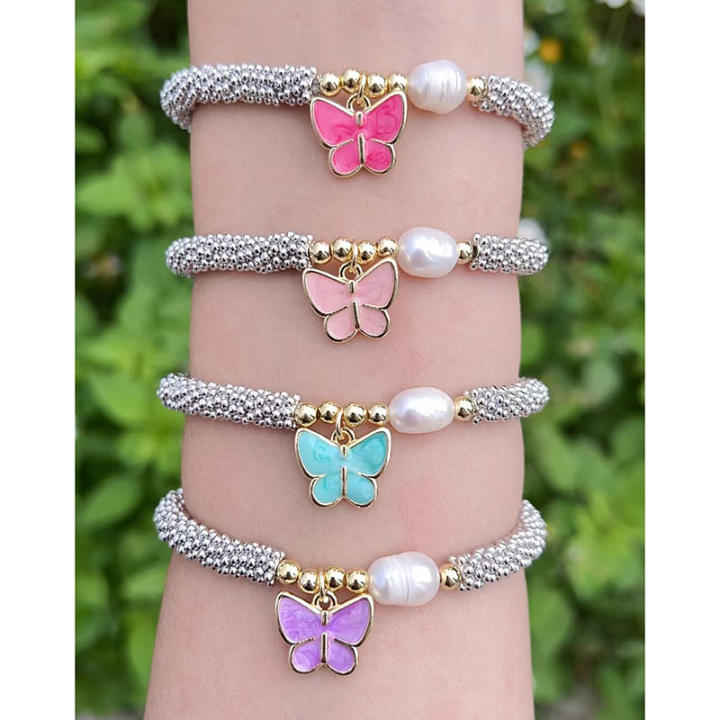 Pulsera De Mariposa Con Perla Bañada En Oro Y Cobre