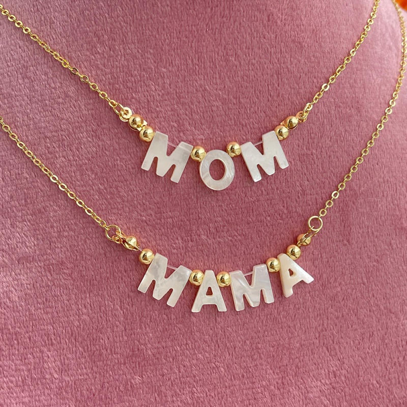 Gold 2 Copper Shell Letter Mama Beaded Necklace (4mm)