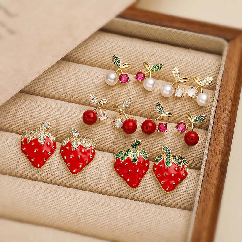 1 Pair Of Gold Colored Diamonds Red Shell Beads Cherry Earrings Copper And Diamond Cherry Earrings