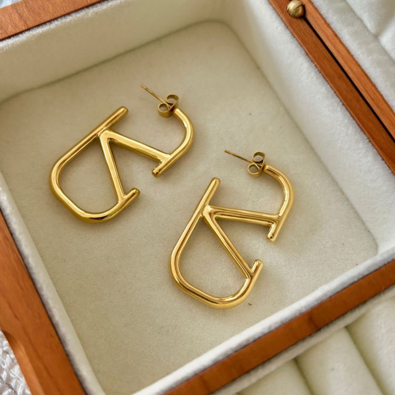 Silver Large V Earrings Stainless Steel Geometric Letter Earrings