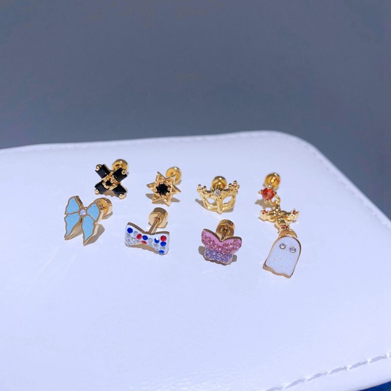 Single White Ghost Gold Titanium Steel Diamond Ghost Piercing Earrings [single]