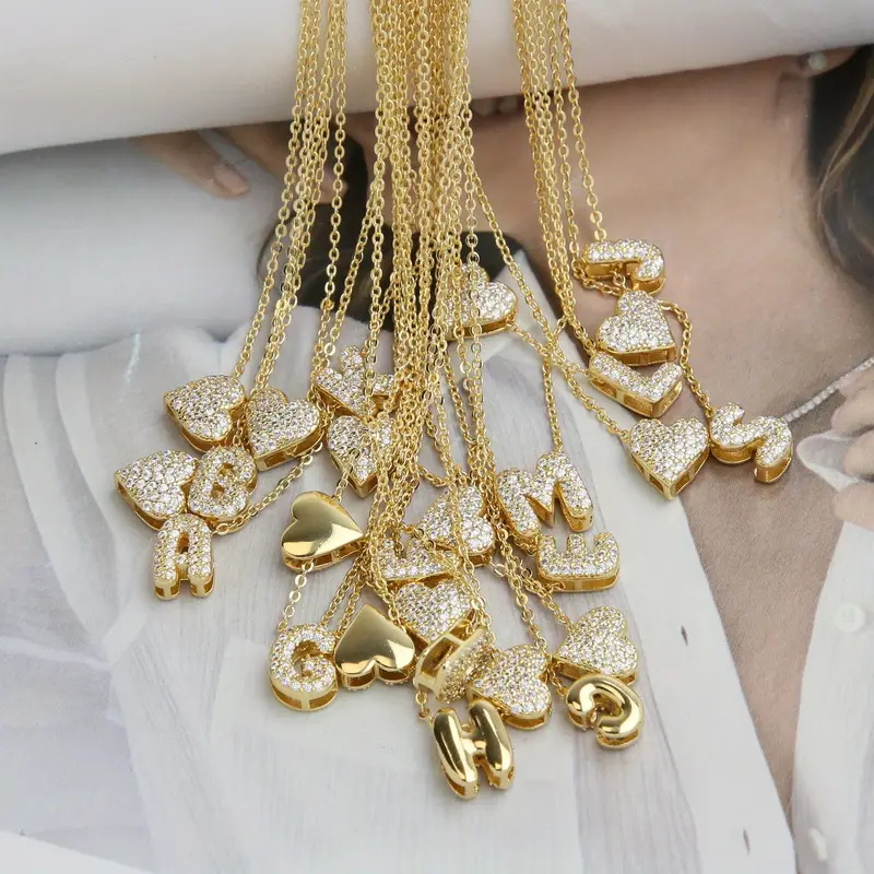 Collar Con Corazón De Diamantes Y 26 Letras Bañado En Oro Y Cobre