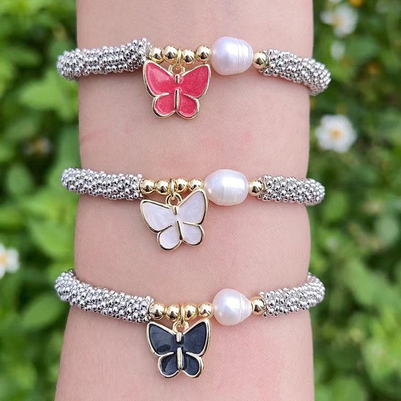 Pulsera De Mariposa Con Perla Bañada En Oro Y Cobre