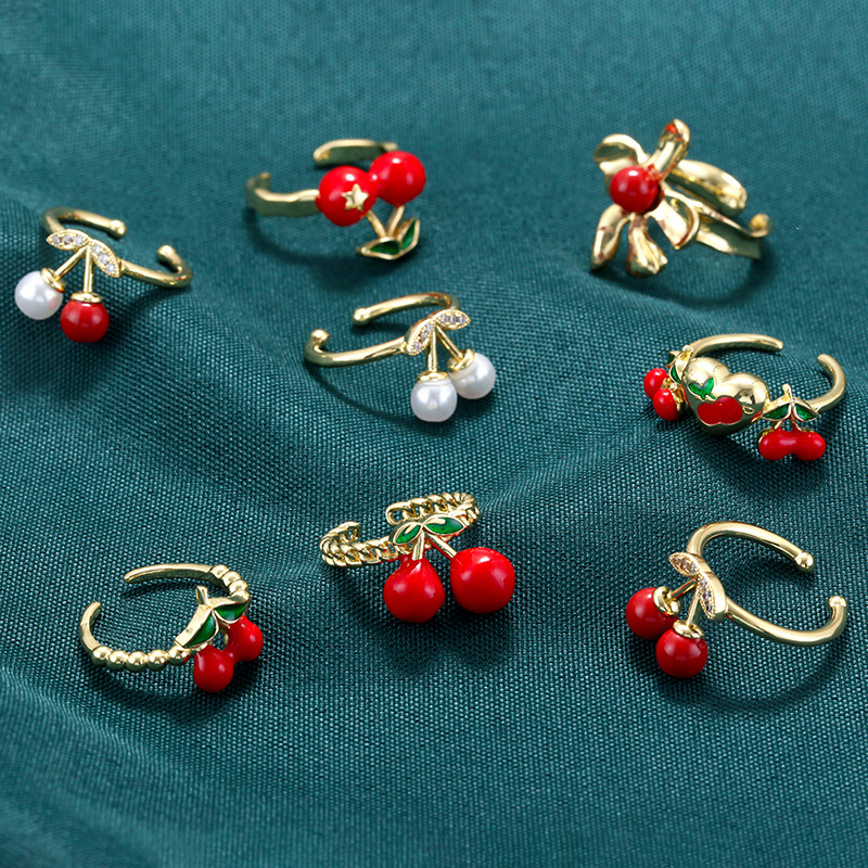 Gold Green Leaf Twisted Cherry Ring Copper Cherry Open Ring