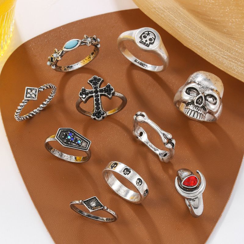 Silver Alloy Skull Cross Coffin Ring Set