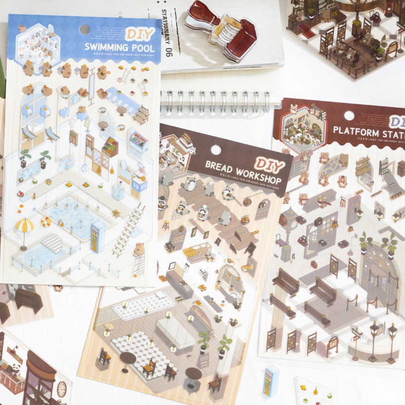 Snowy Night Bookstore Pet Geometric 3d Stereo Notebook Scene Collage