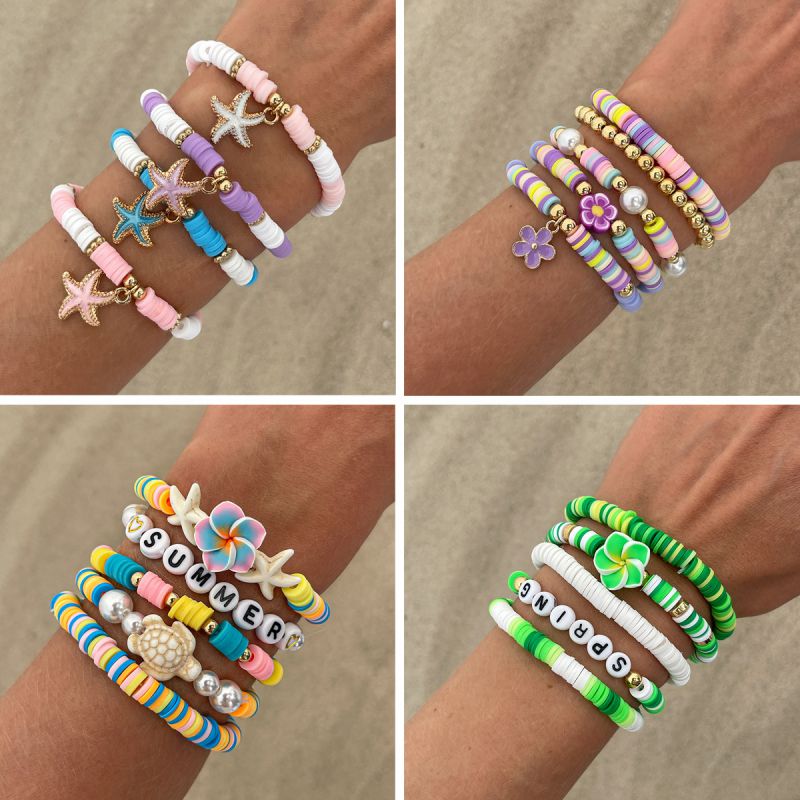 03 Mixed Color Set Colorful Polymer Clay Beaded Starfish Bracelet Set