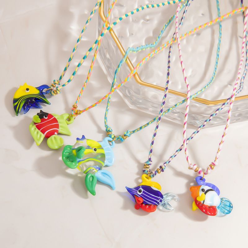 Necklace 5 Stainless Steel Glass Fish Colorful Rope Necklace