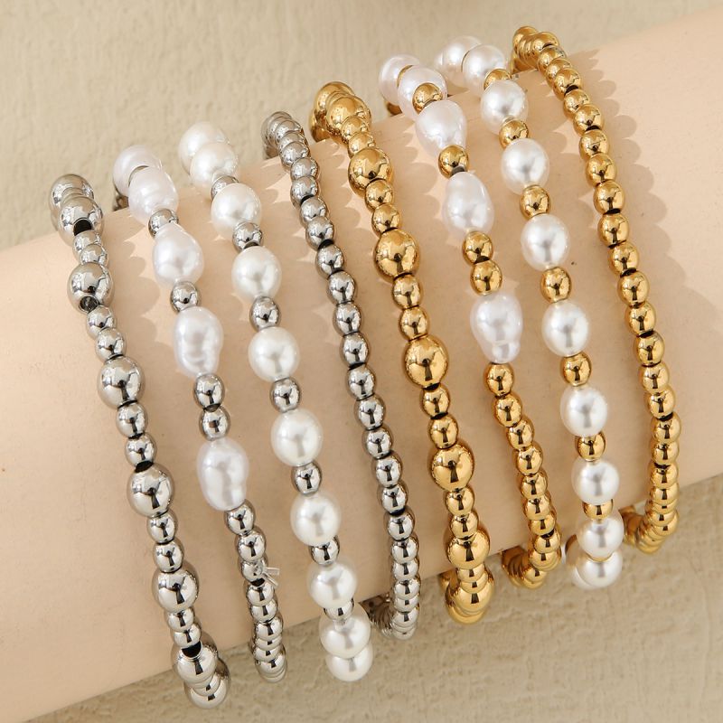 Conjunto De Pulsera De Acero Inoxidable Con Cuentas De Perlas
