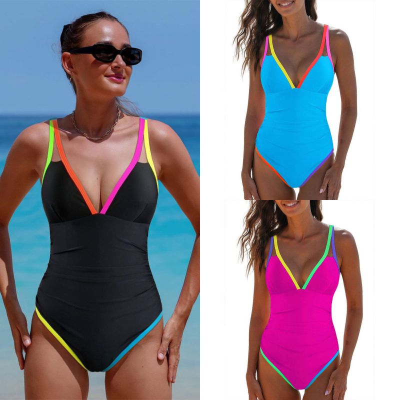 Black Polyester One-piece Swimsuit With Contrasting Hem
