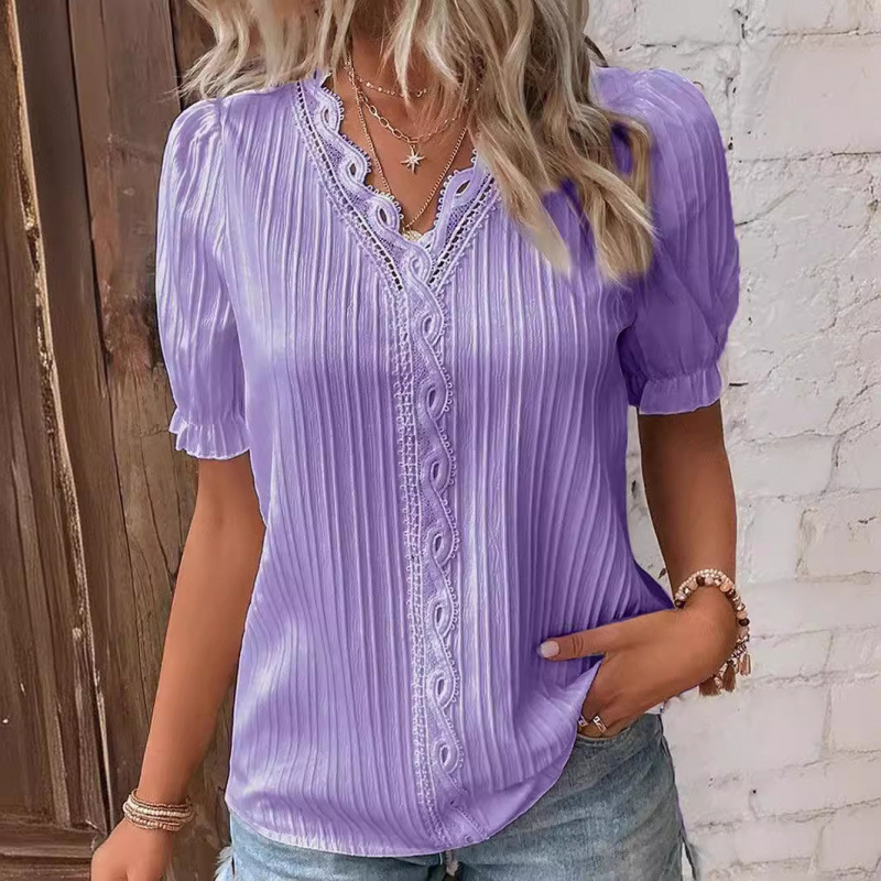 Black Polyester V-neck Lace Short Sleeves