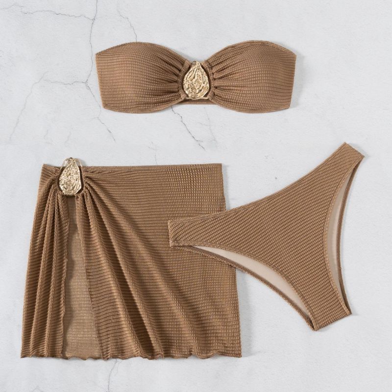 #coffee Polyester Pleated Bandeau Two-piece Swimsuit Beach Dress Set
