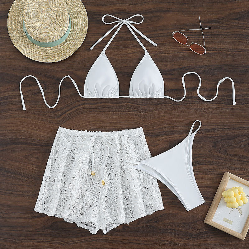 Traje De Baño De Dos Piezas Con Cuello Halter De Poliéster Conjunto De Bikini Y Pantalones De Playa