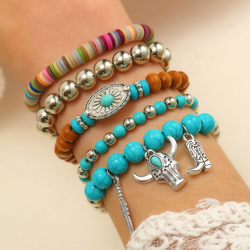 Bull Head Feather Boots Mix Alloy Geometric Beaded Men's Bracelet Set