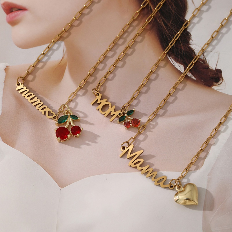 Gold 3 Cherry Letter Mom Titanium Steel Necklace Inlaid With Zirconium