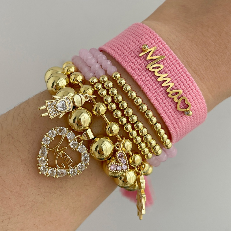 Gold 1 Copper Inlaid Zircon Love Mom Beaded Bracelet (10mm)