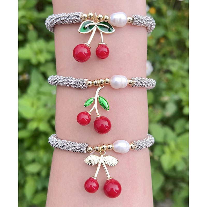 Pulsera De Perlas Y Cerezas Bañada En Oro Y Cobre