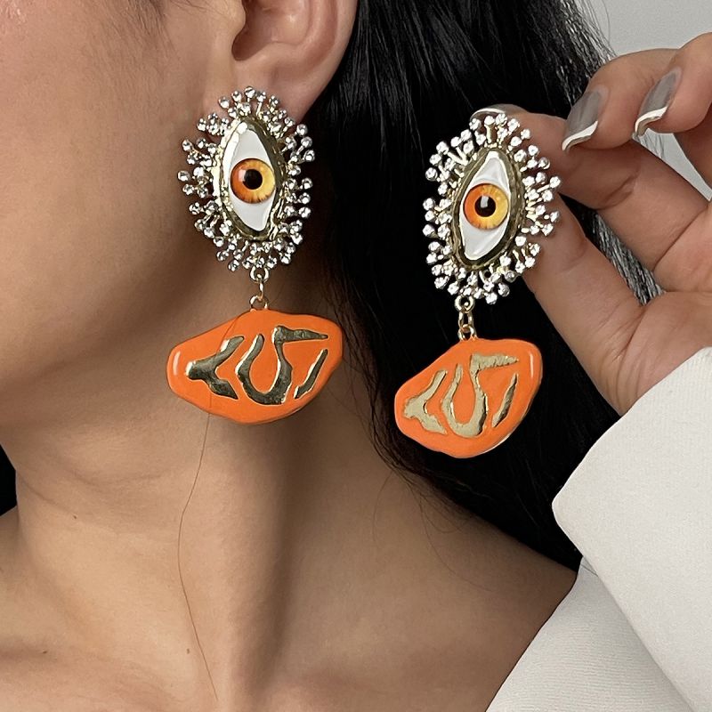 Orange Color Alloy Diamond Eye Irregular Earrings