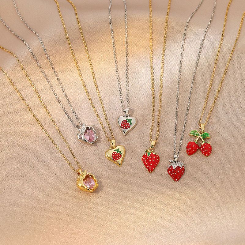 Necklace 5# Titanium Steel Strawberry Heart Cherry Fruit Necklace