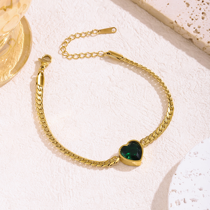 Green Heart Zircon Bracelet Titanium Steel Diamond Heart Bracelet