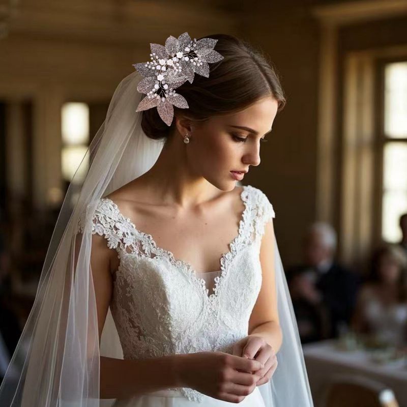 Diadema De Tela Con Hojas Flores Y Perlas Tejidas
