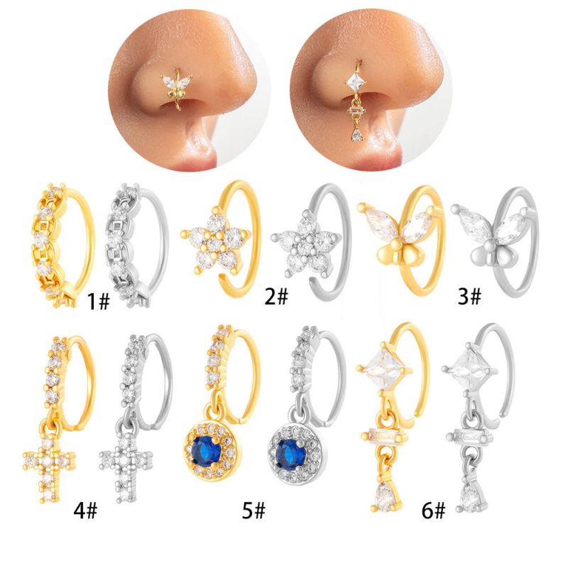 1#-gold Copper Inlaid Zirconium Flower Butterfly Cross Piercing Nose Ring