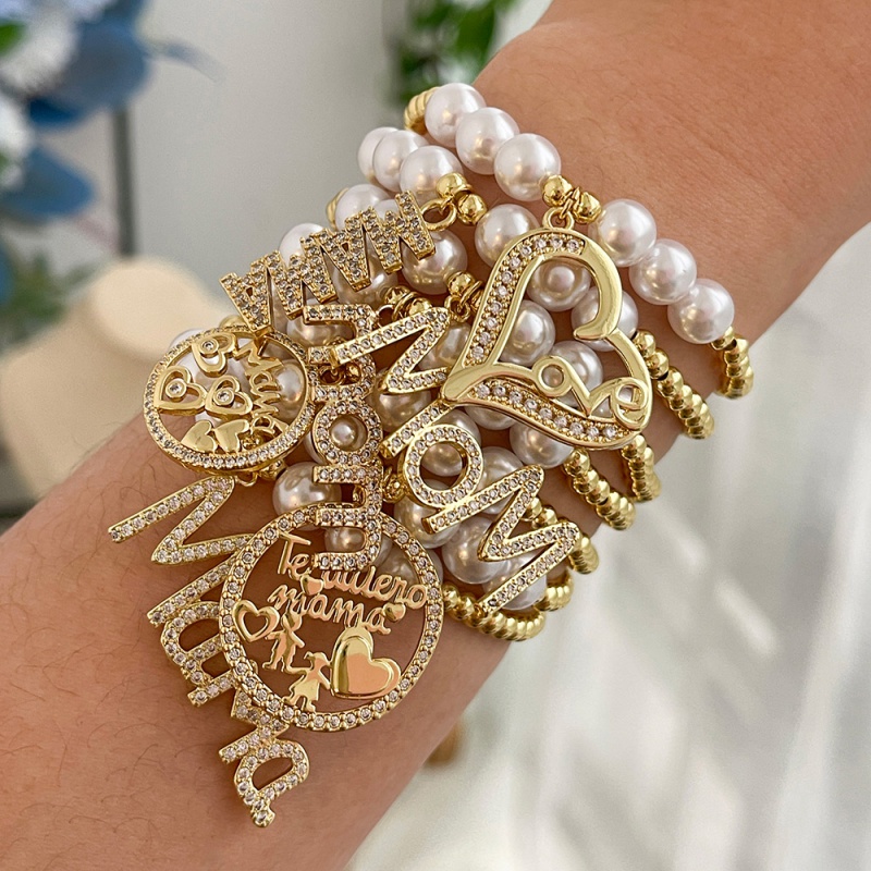 Golden 7 Copper Inlaid Zircon Mother's Day Series Beaded Pearl Bracelet (4/8mm)