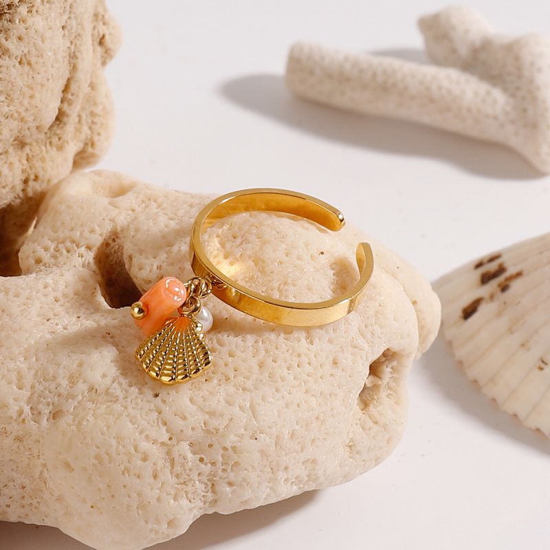Gold Stainless Steel Pearl Shell Open Ring