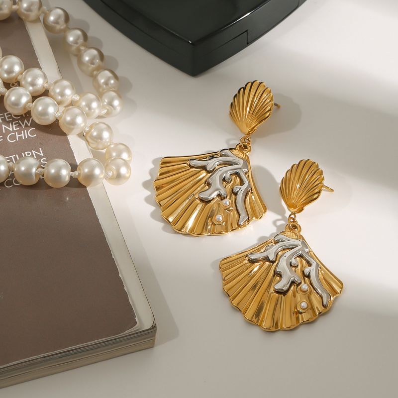 Gold And Silver Stainless Steel Coral Shell Earrings