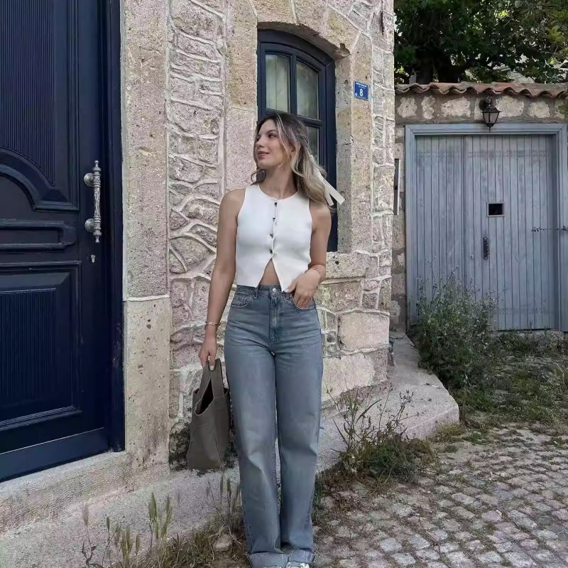 White Round Neck Jersey Sleeveless Vest