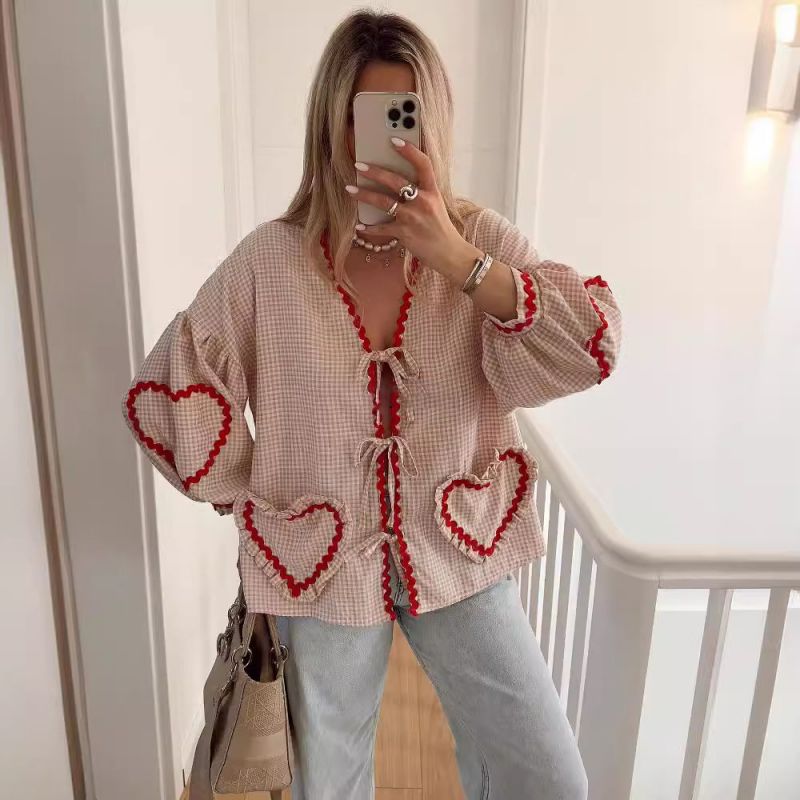 Red Long Sleeve Rough Hem Shirt Polyester Check Heart Tie Shirt
