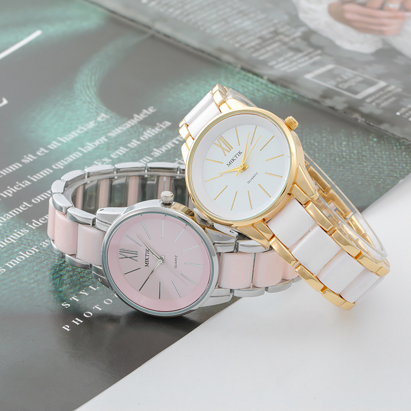Silver Shell Pink Stainless Steel Round Dial Watch