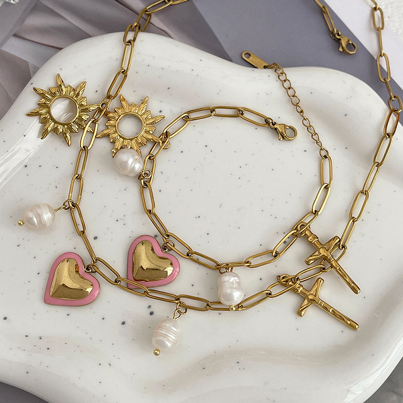 Gold 1 Titanium Steel Oil Drop Heart Freshwater Pearl Cross Necklace
