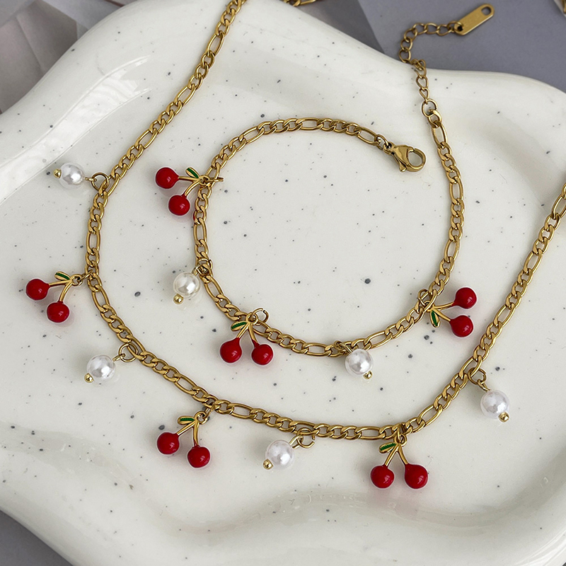 Gold 1 Titanium Steel Oil Drop Cherry Pearl Necklace