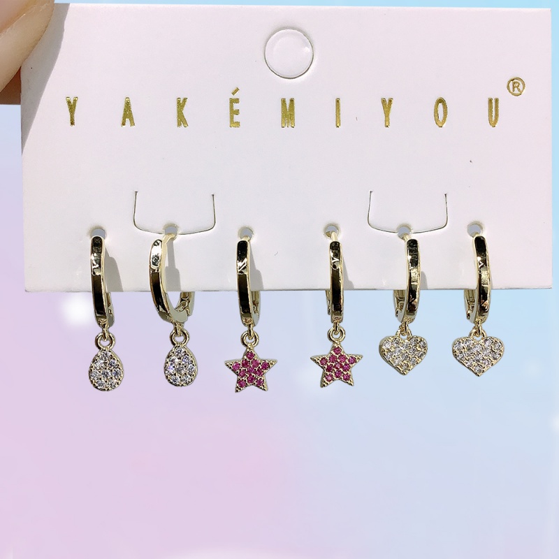 Gold Copper Inlaid Zircon Teardrop Heart Earrings 6-piece Set